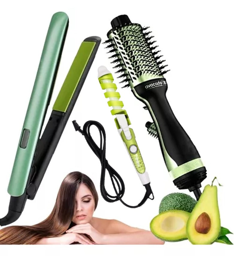 combo aguacate plancha+cepillo+rizador